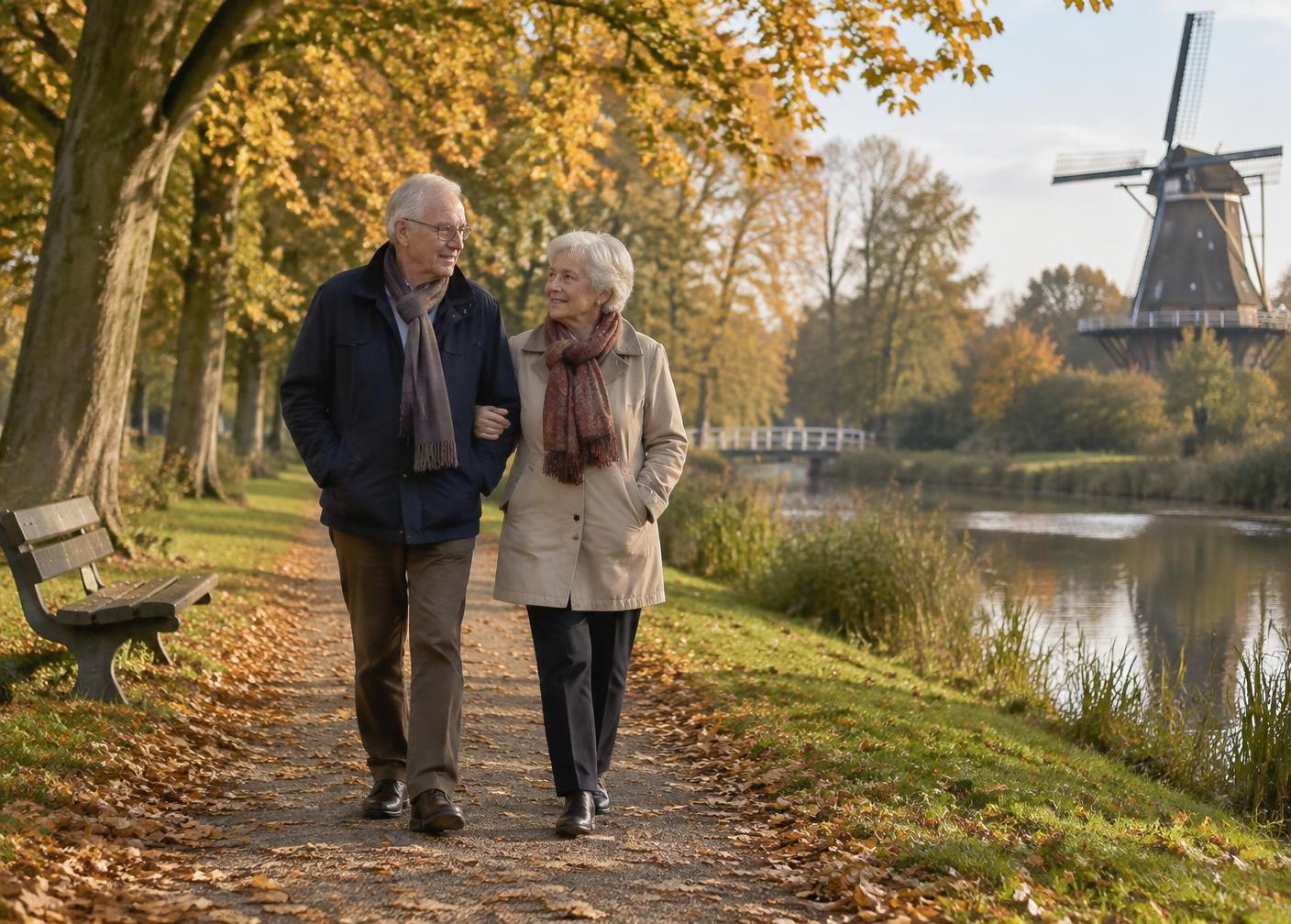 Twee ouderen wandelen samen buiten